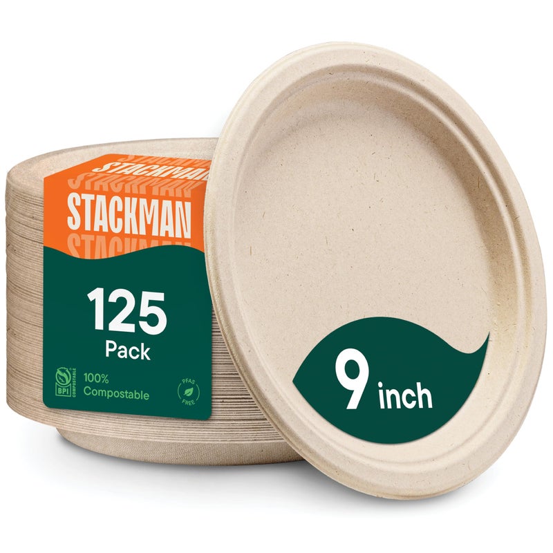 Stack Man أطباق ورقية قابلة للتحلل بنسبة 100%، أطباق disposable قوية [125-عبوة] أطباق 9 بوصة - صديقة للبيئة، قابلة للتحلل من قصب السكر، بني طبيعي غير مبيض 9" طبق ورقي عشاء disposable - Image 1